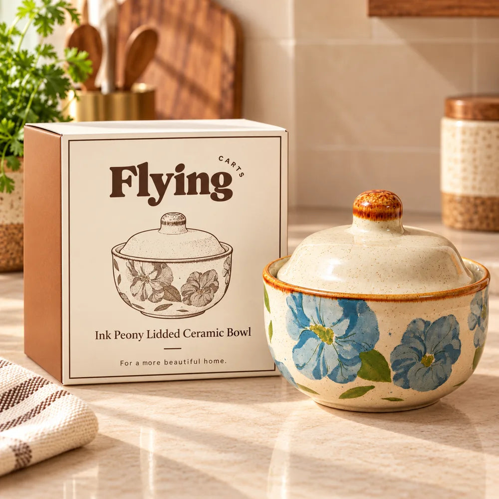 Blue Peony Ceramic Bowl With Lid in FlyingCarts packaging