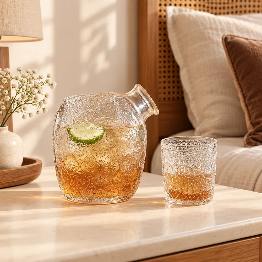 Begonia Embossed Bedside Carafe Set (540 ml Carafe & 145 ml Glass) — view 1