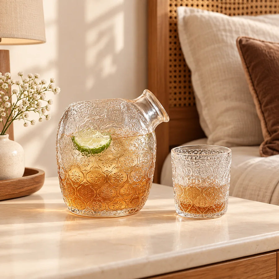 Begonia Embossed Bedside Carafe Set (540 ml Carafe & 145 ml Glass) — view 1