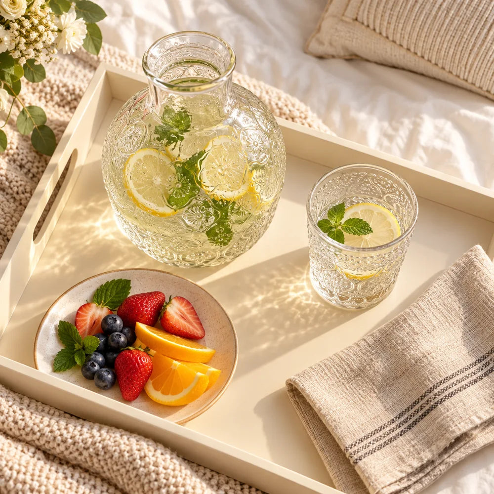 Begonia Embossed Bedside Carafe Set (540 ml Carafe & 145 ml Glass) — view 4