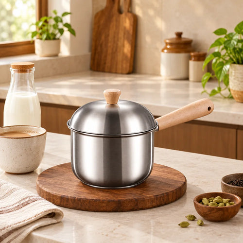 Beech handle Lidded Steel Milk Pan (400 ml & Lid) — view 1
