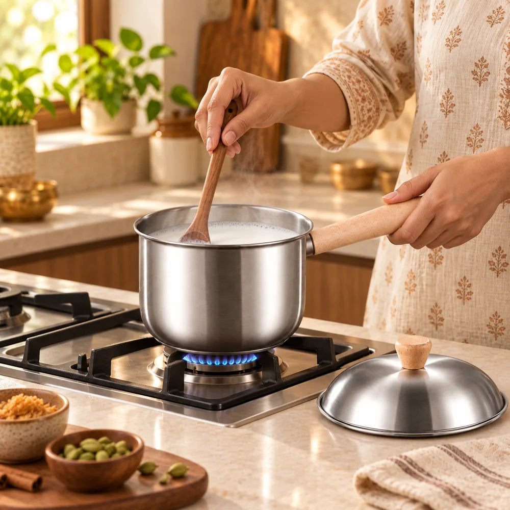 Beech handle Lidded Steel Milk Pan (400 ml & Lid) — view 2