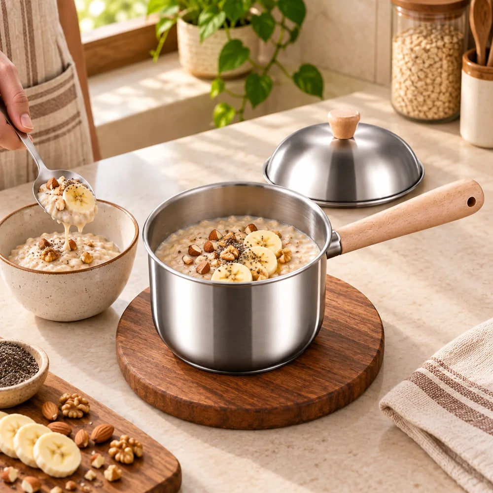 Beech handle Lidded Steel Milk Pan (400 ml & Lid) — view 3