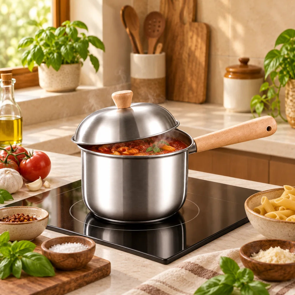 Beech handle Lidded Steel Milk Pan (400 ml & Lid) — view 4
