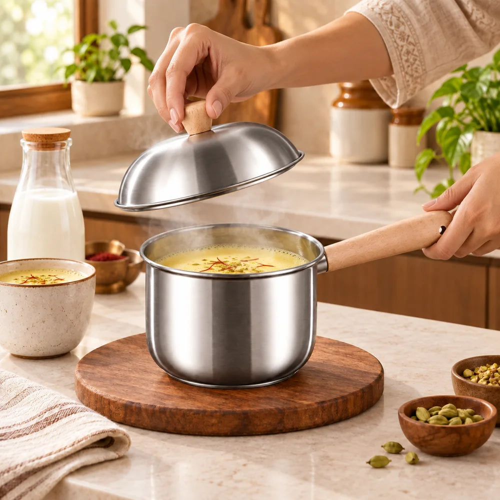 Beech handle Lidded Steel Milk Pan (400 ml & Lid) — view 5