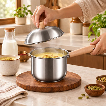 Beech handle Lidded Steel Milk Pan (400 ml & Lid) — view 5