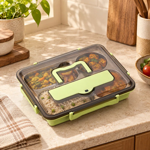 Compartment Stainless Steel Lunch Box (4 Compartments & Bowl & Cutlery) — view 1