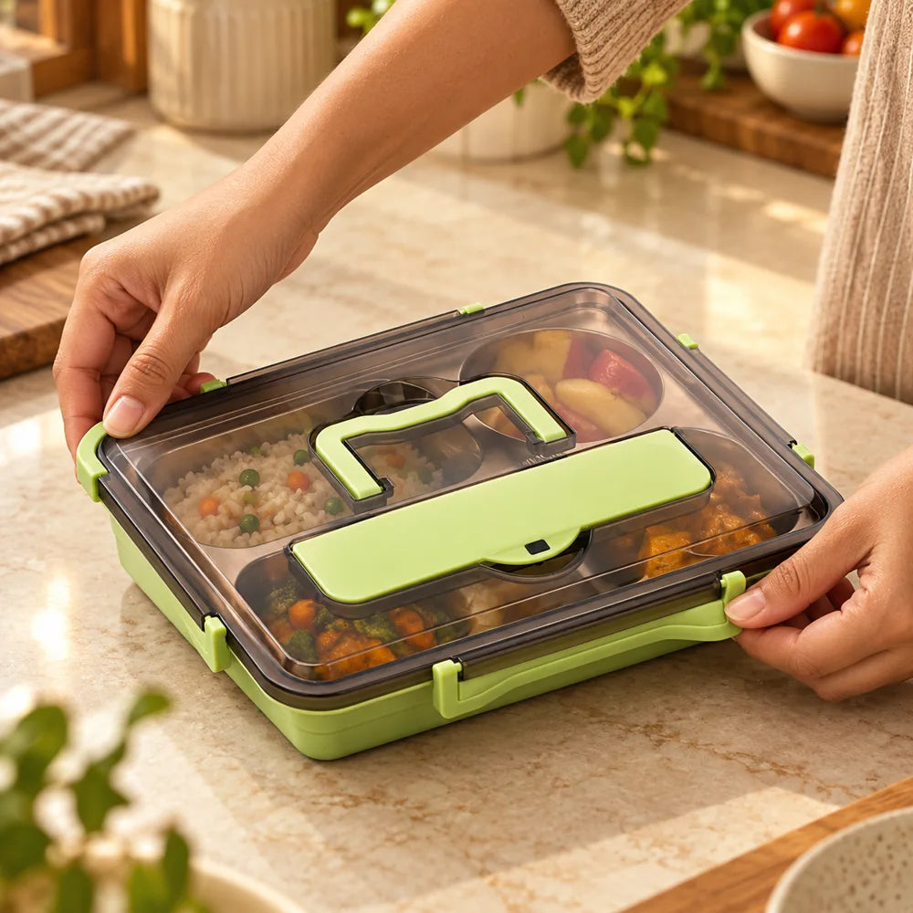 Compartment Stainless Steel Lunch Box (4 Compartments & Bowl & Cutlery) — view 3