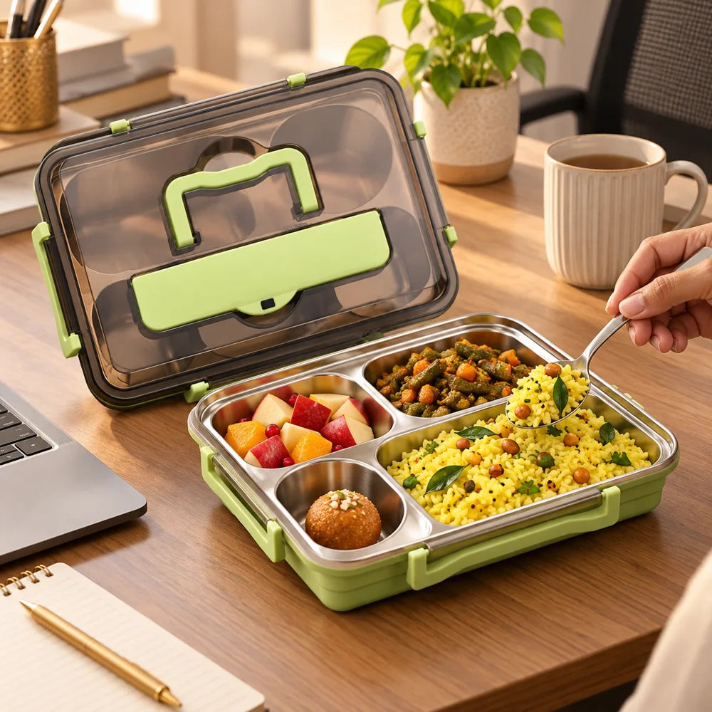 Compartment Stainless Steel Lunch Box (4 Compartments & Bowl & Cutlery) — view 4