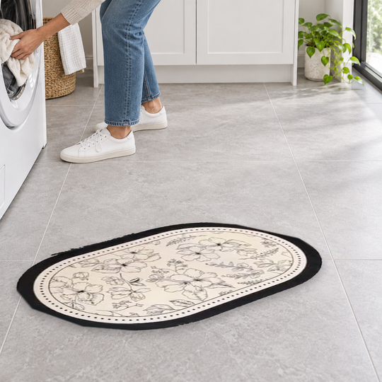 PetalStep Floral Floor Mat near laundry area