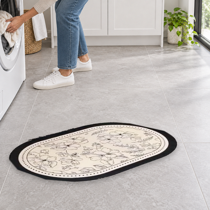 PetalStep Floral Floor Mat near laundry area