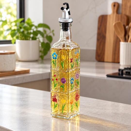 Floral Glass Oil Dispenser filled with oil