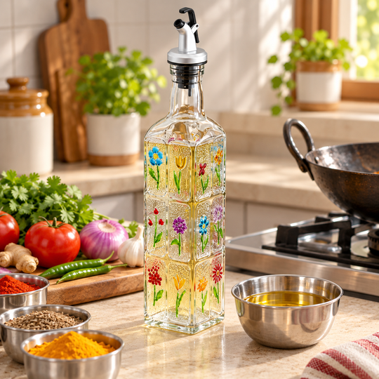 Floral Glass Oil Dispenser in Indian kitchen