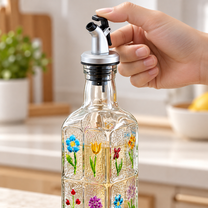 Floral Glass Oil Dispenser lever spout detail