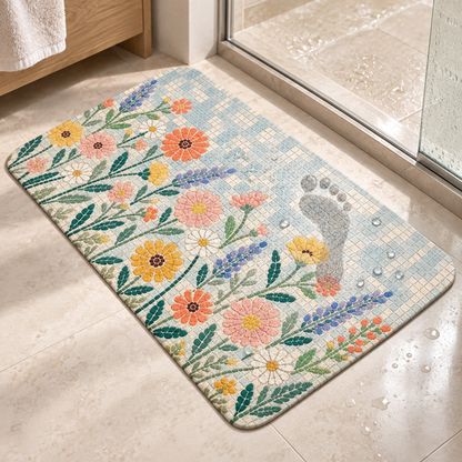 Floral Mosaic Floor Mat near shower