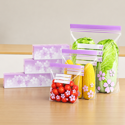 Flower Print Zip Bags with vegetables and floral dispensing boxes