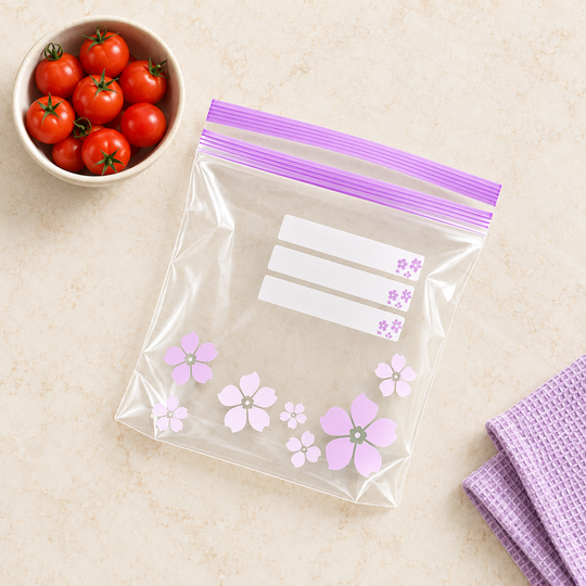 Open floral bag showing zip closure and writing panels