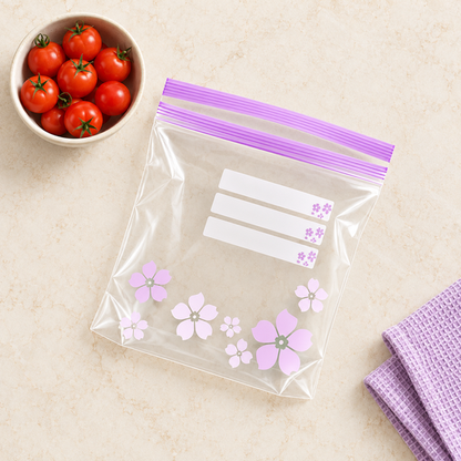 Open floral bag showing zip closure and writing panels