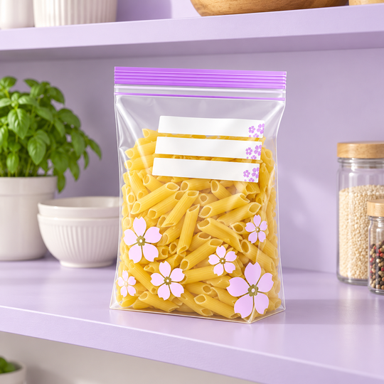 Floral zip bag holding dry food