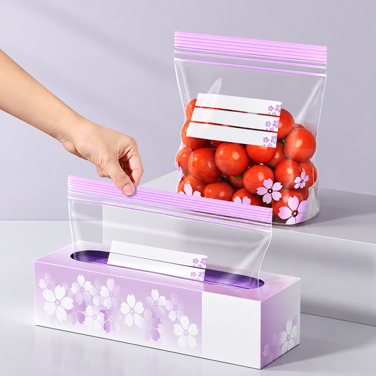 Floral zip bag being drawn from dispensing box
