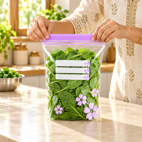 Closing a floral bag holding leafy vegetables