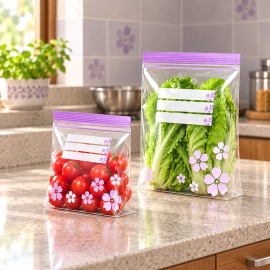 Floral zip bags standing on their expanded bases