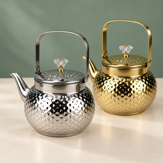 Silver and gold finish details of the Hammered design Brewing Kettle