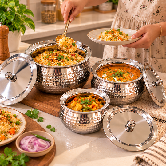 Hammered Steel Handi Set serving Indian food