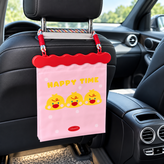 Pink duck Hanging Car Seat Trash Bag installed behind headrest