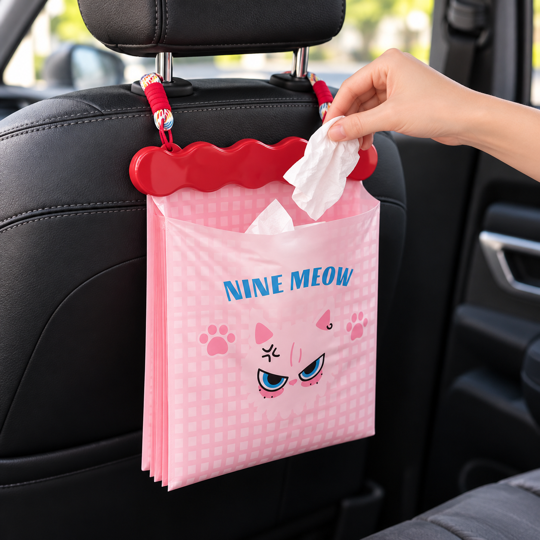 Using the pink cat Hanging Car Seat Trash Bag