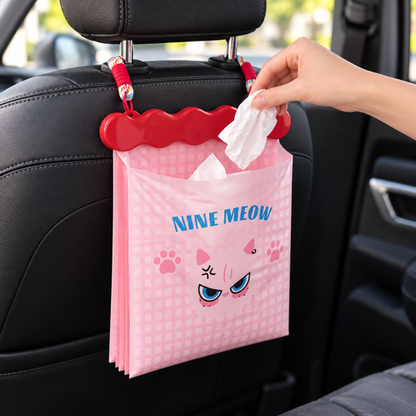 Using the pink cat Hanging Car Seat Trash Bag