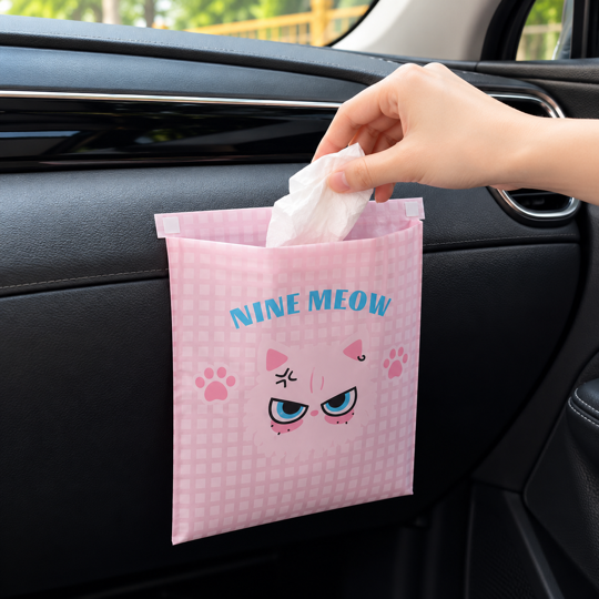 Detached Hanging Car Seat Trash Bag liner attached to dashboard