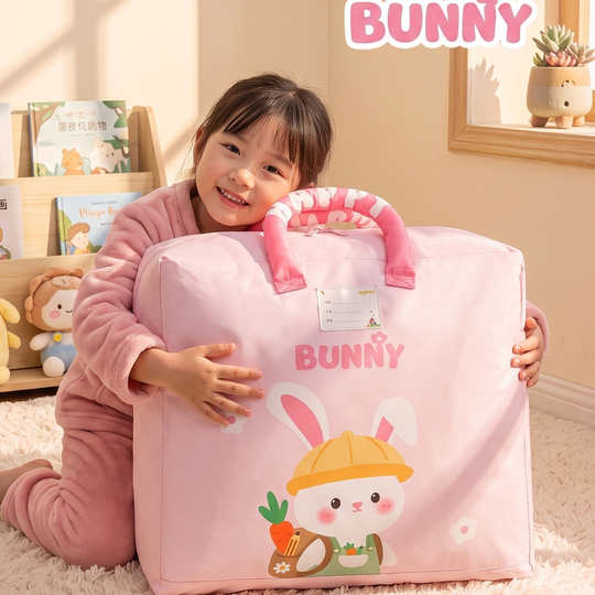 Child hugging the pink Happy Kids Storage Bag