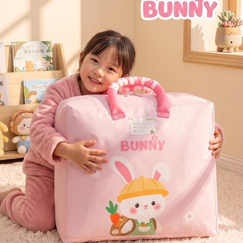 Child hugging the pink Happy Kids Storage Bag