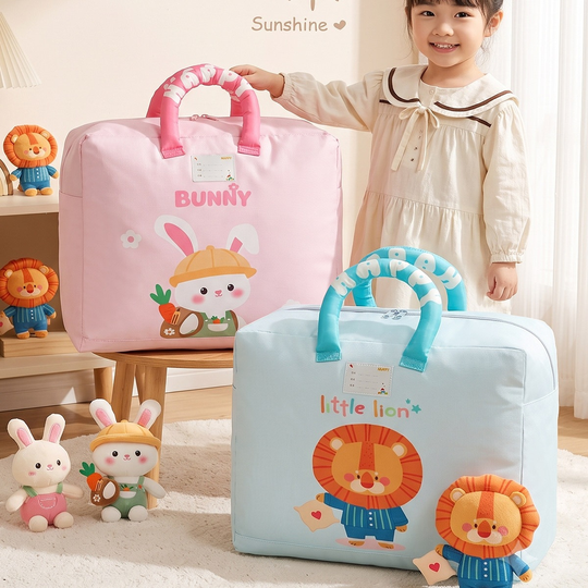 Pink bunny and light-blue lion Happy Kids Storage Bag designs