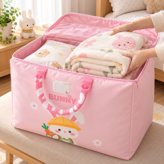 Happy Kids Storage Bag open with folded bedding inside