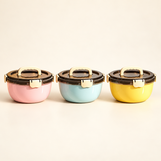 Lock Lid Food Bowl in pink, pale blue and yellow