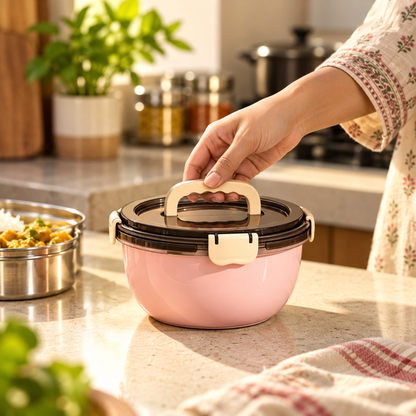 Pink Lock Lid Food Bowl carried by its top handle