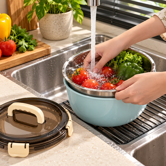 Lock Lid Food Bowl used to rinse vegetables