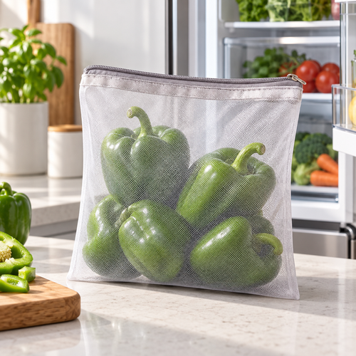 Mesh Vegetable Bag filled with green capsicums