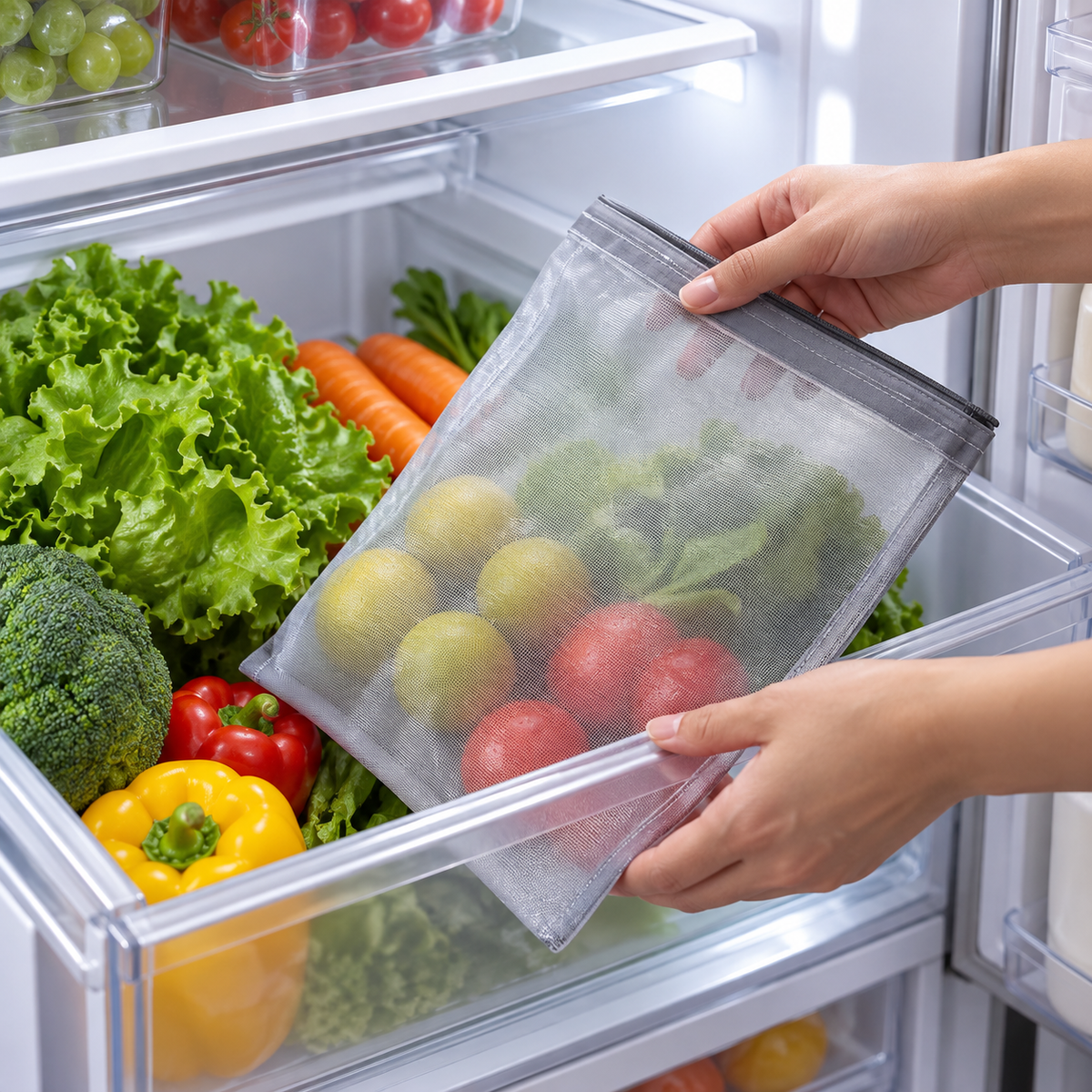 Mesh Vegetable Bag being placed in a refrigerator drawer
