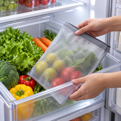Mesh Vegetable Bag being placed in a refrigerator drawer