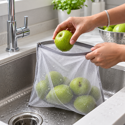 Mesh Vegetable Bag being filled with green fruit