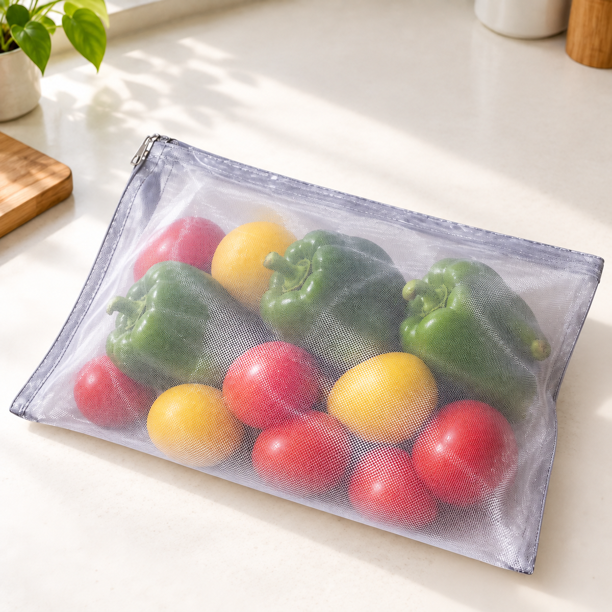 Mesh Vegetable Bag holding assorted vegetables