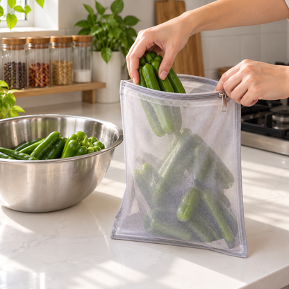 Hands filling a Mesh Vegetable Bag with green capsicums