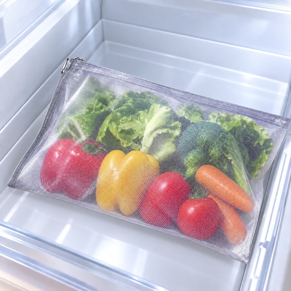 Mesh Vegetable Bag arranged in a refrigerator drawer