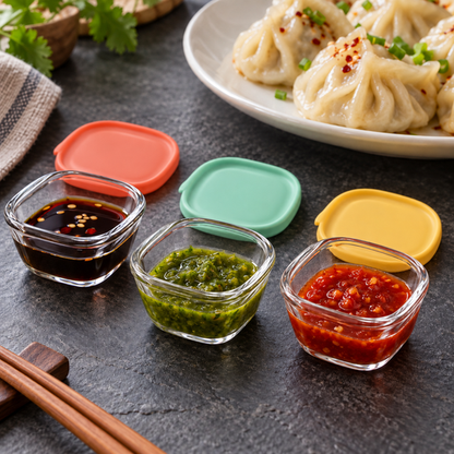 Mini glass containers serving sauces and chutney