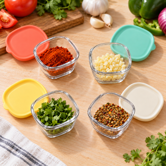 Mini glass containers holding spices and ingredients