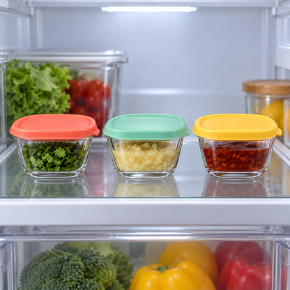 Mini glass storage containers organised in refrigerator