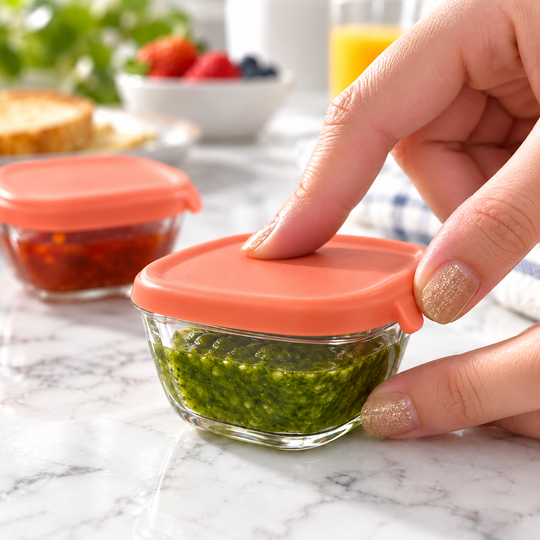 Flexible lid being placed on mini glass container